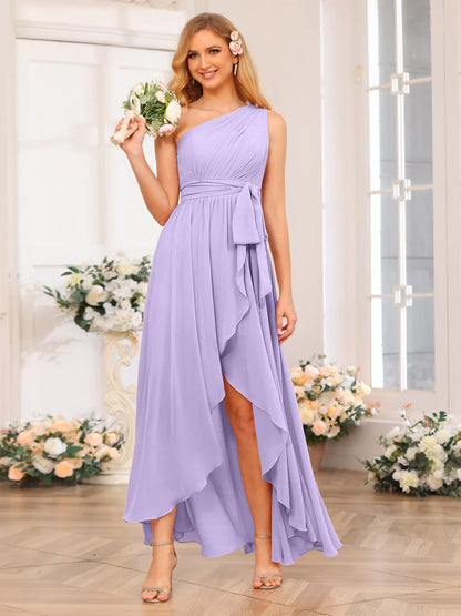 Wholesa A-Line/Princess One-Shoulder Long Wedding Party Dresses With Sash