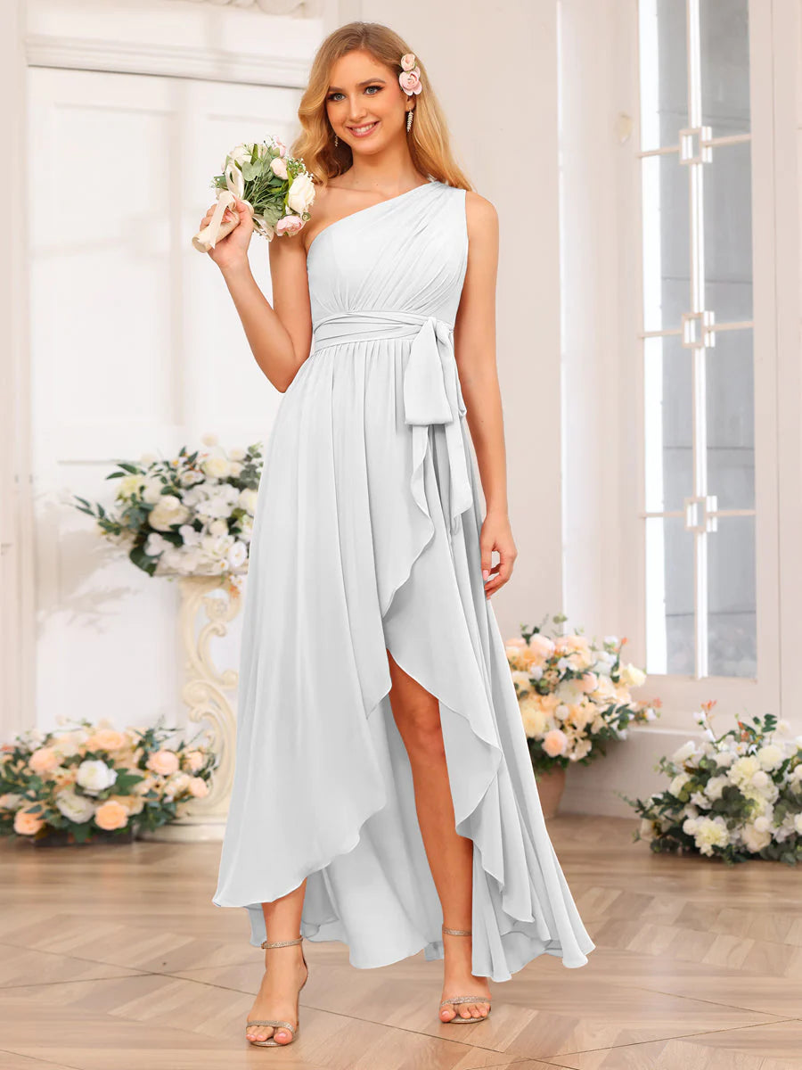 Wholesa A-Line/Princess One-Shoulder Long Wedding Party Dresses With Sash