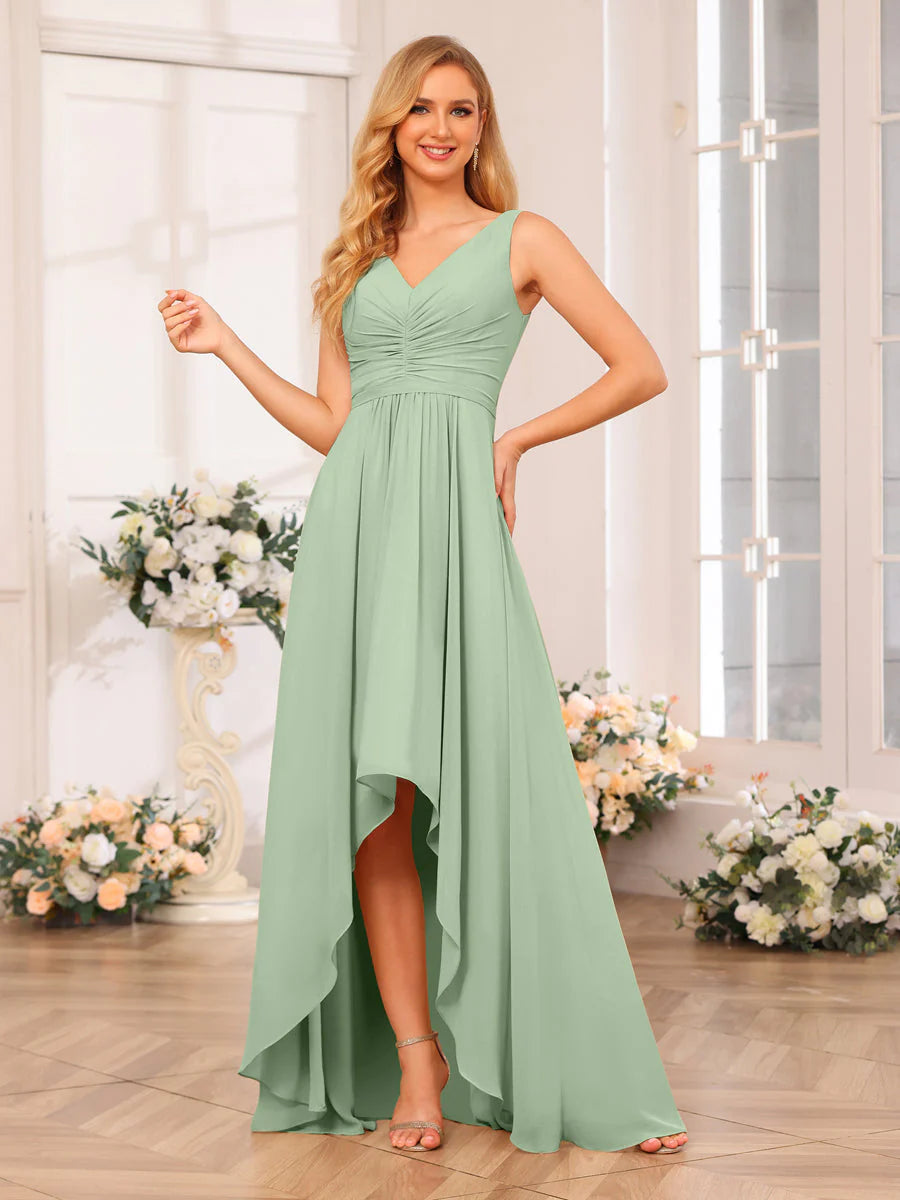 Wholesa A-Line/Princess V-Neck Long Wedding Party Dresses With Pockets