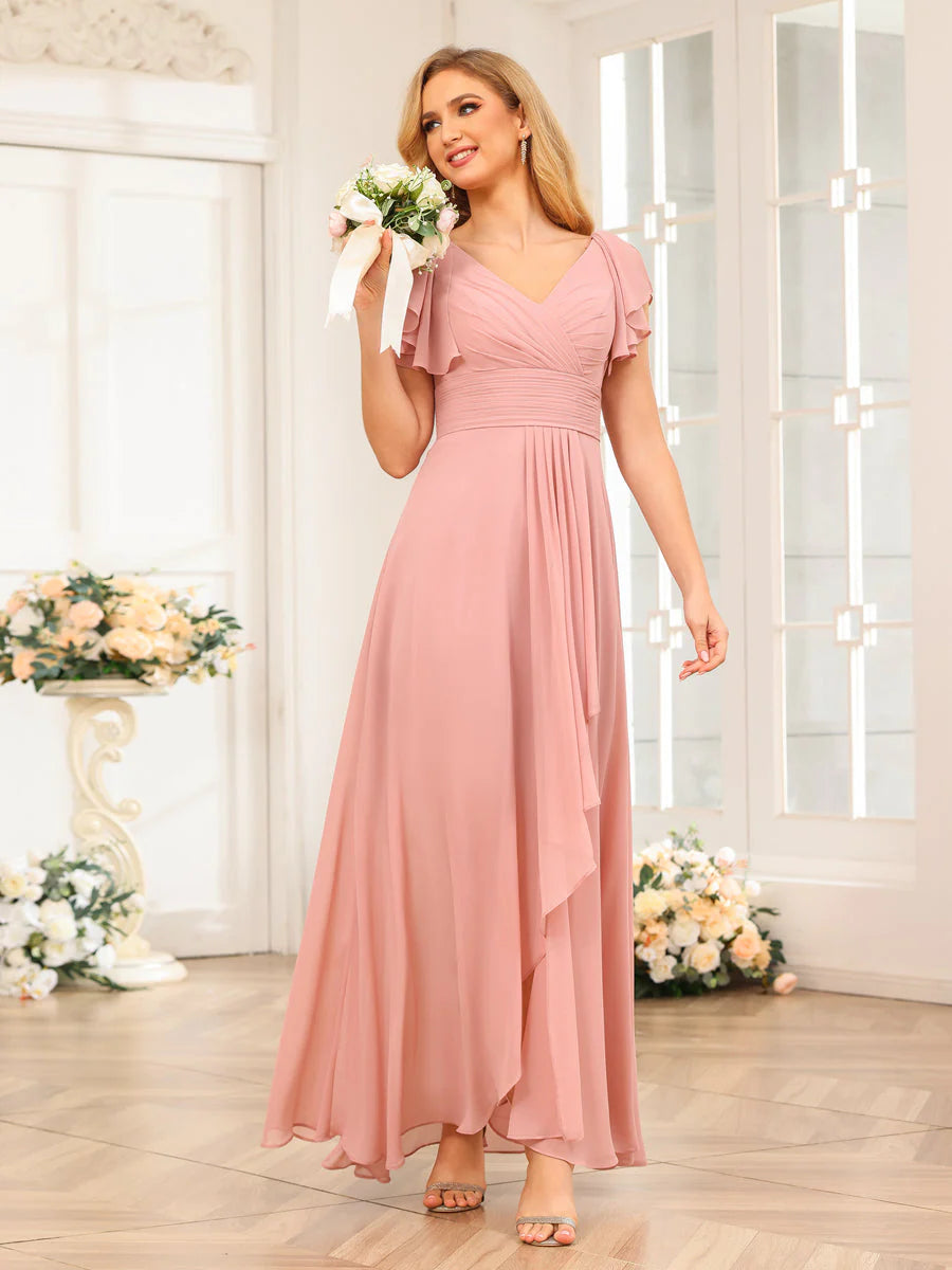 Wholesa A-Line/Princess V-Neck Long Wedding Party Dresses With Ruffles