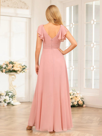 Wholesa A-Line/Princess V-Neck Long Wedding Party Dresses With Ruffles