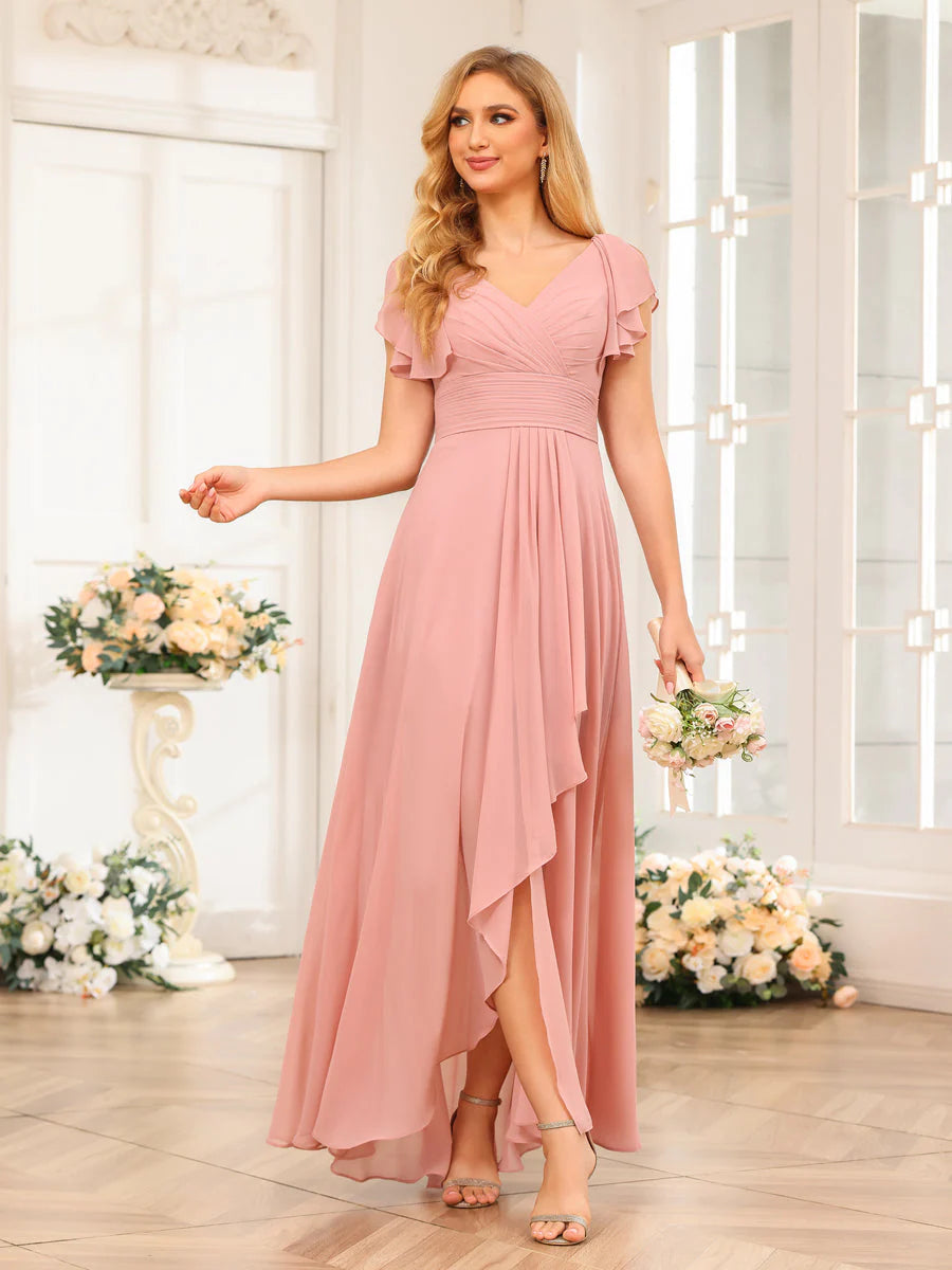 Wholesa A-Line/Princess V-Neck Long Wedding Party Dresses With Ruffles