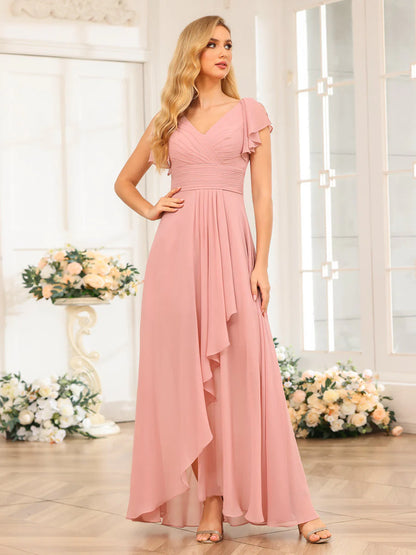 Wholesa A-Line/Princess V-Neck Long Wedding Party Dresses With Ruffles