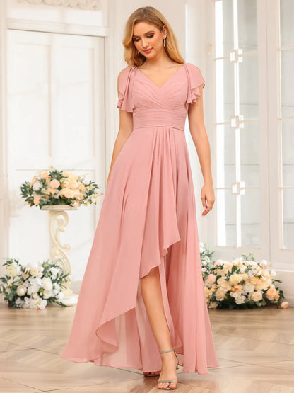 Wholesa A-Line/Princess V-Neck Long Wedding Party Dresses With Ruffles