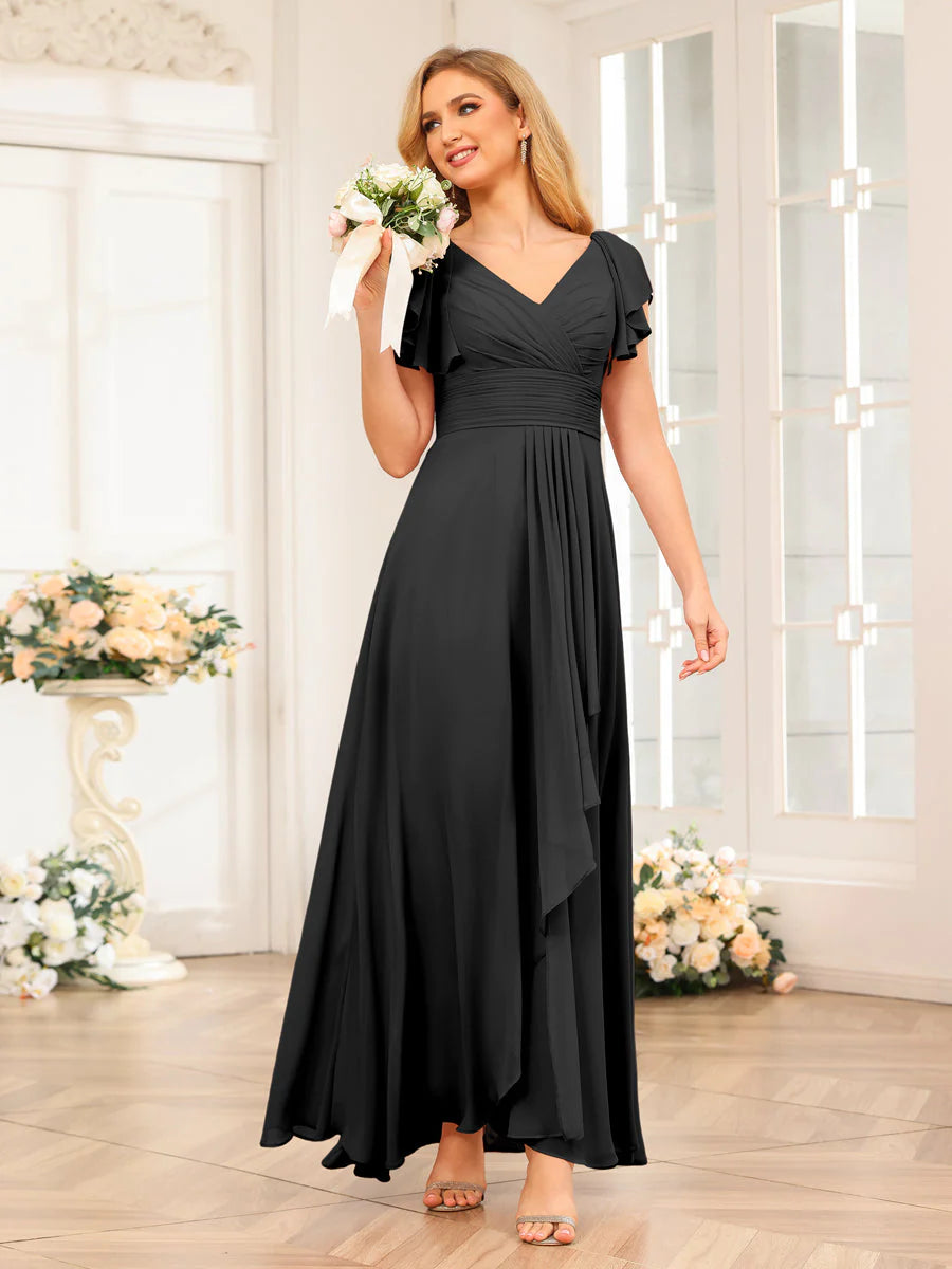 Wholesa A-Line/Princess V-Neck Long Wedding Party Dresses With Ruffles