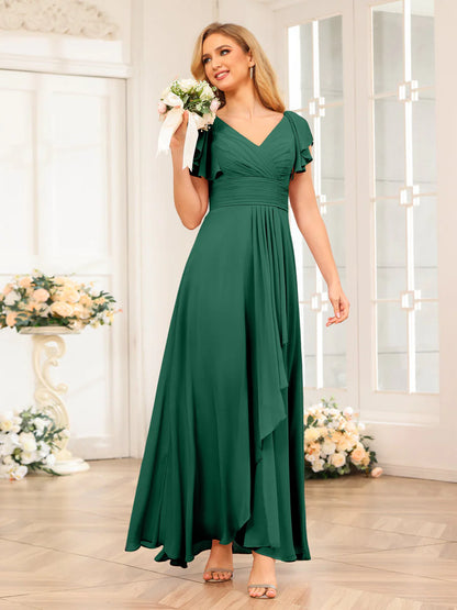 Wholesa A-Line/Princess V-Neck Long Wedding Party Dresses With Ruffles