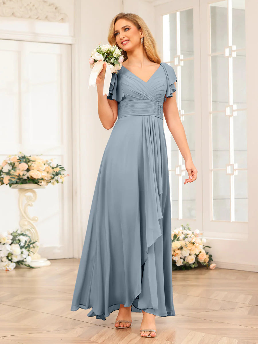 Wholesa A-Line/Princess V-Neck Long Wedding Party Dresses With Ruffles