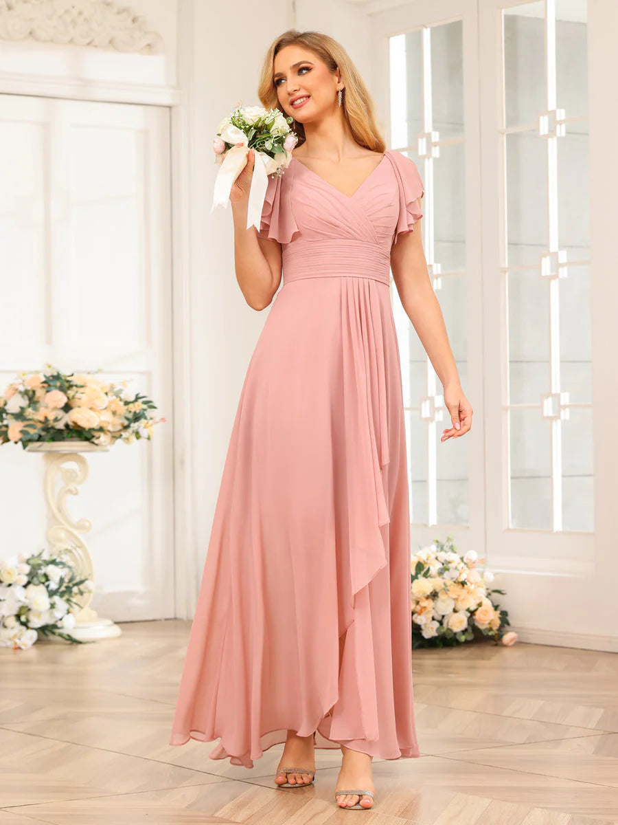 Wholesa A-Line/Princess V-Neck Long Wedding Party Dresses With Ruffles