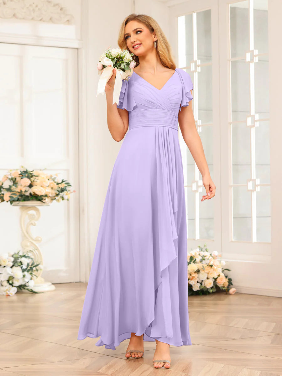 Wholesa A-Line/Princess V-Neck Long Wedding Party Dresses With Ruffles