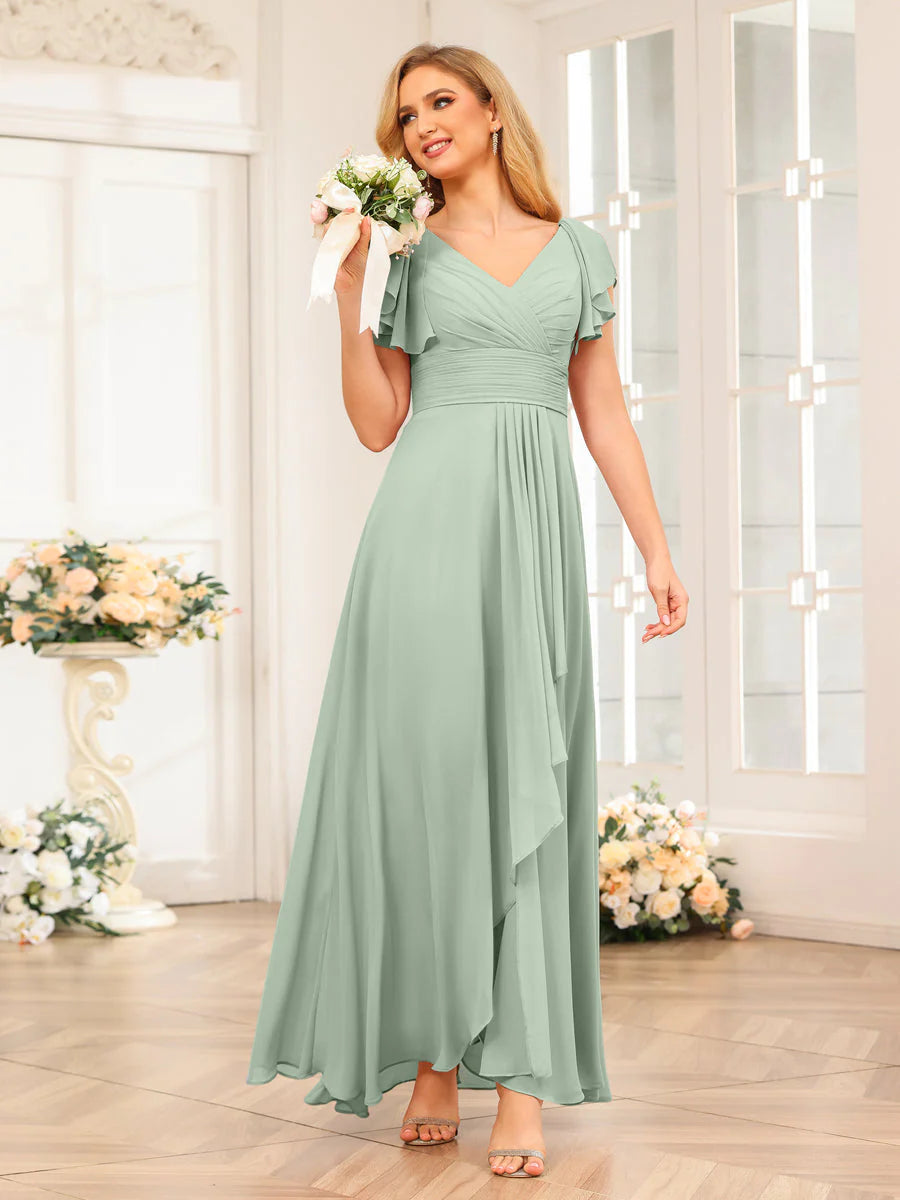 Wholesa A-Line/Princess V-Neck Long Wedding Party Dresses With Ruffles