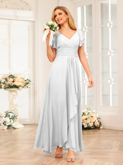 Wholesa A-Line/Princess V-Neck Long Wedding Party Dresses With Ruffles