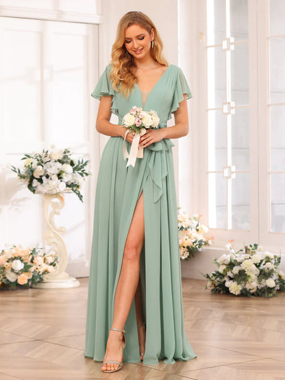 Wholesa A-Line/Princess V-Neck Long Wedding Party Dresses With Split Side