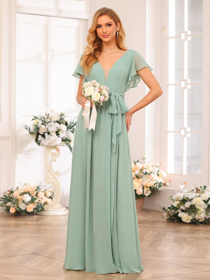 Wholesa A-Line/Princess V-Neck Long Wedding Party Dresses With Split Side