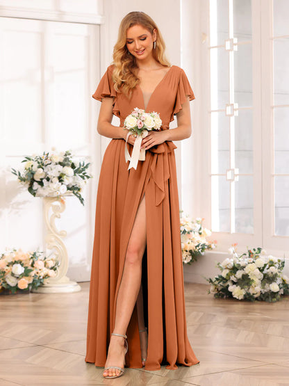 Wholesa A-Line/Princess V-Neck Long Wedding Party Dresses With Split Side