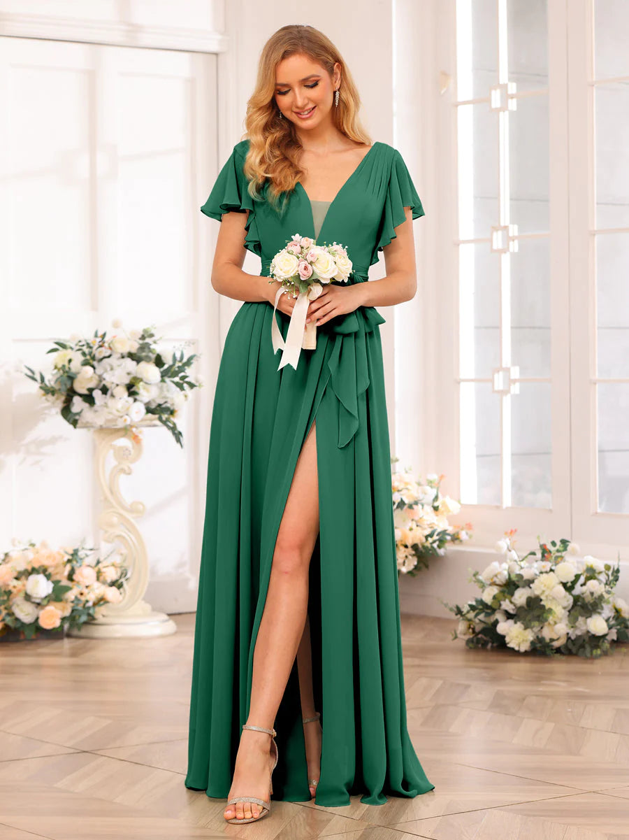 Wholesa A-Line/Princess V-Neck Long Wedding Party Dresses With Split Side