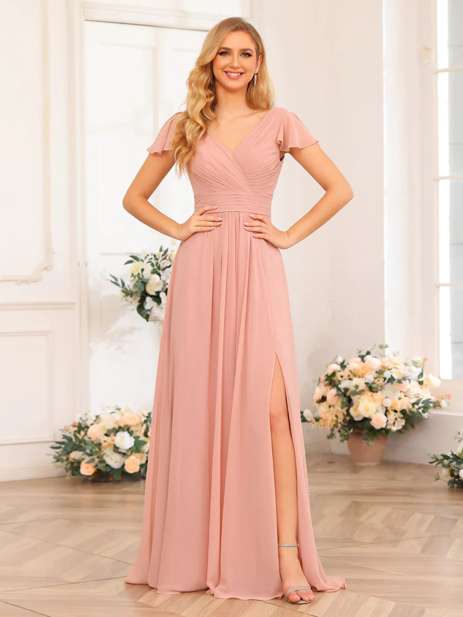 Wholesa A-Line/Princess V-Neck Long Wedding Party Dresses With Split Side & Pockets