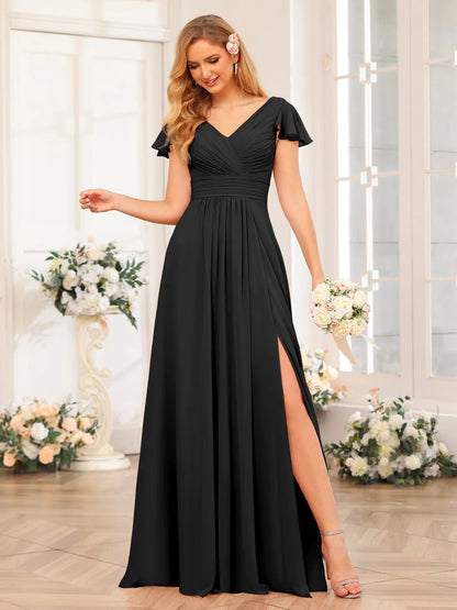 Wholesa A-Line/Princess V-Neck Long Wedding Party Dresses With Split Side & Pockets