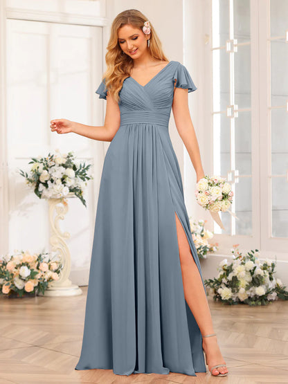 Wholesa A-Line/Princess V-Neck Long Wedding Party Dresses With Split Side & Pockets