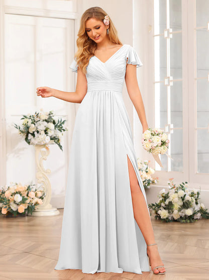 Wholesa A-Line/Princess V-Neck Long Wedding Party Dresses With Split Side & Pockets