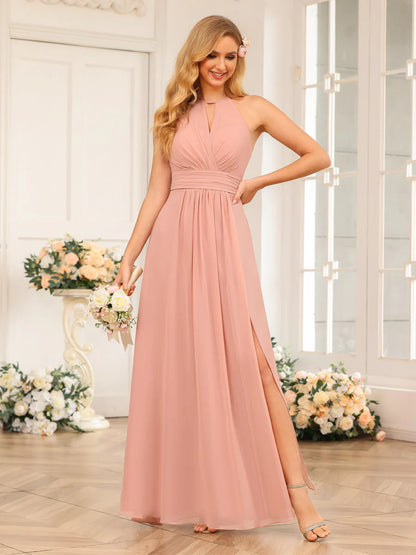 Wholesa A-Line/Princess Halter Long Wedding Party Dresses With Split Side