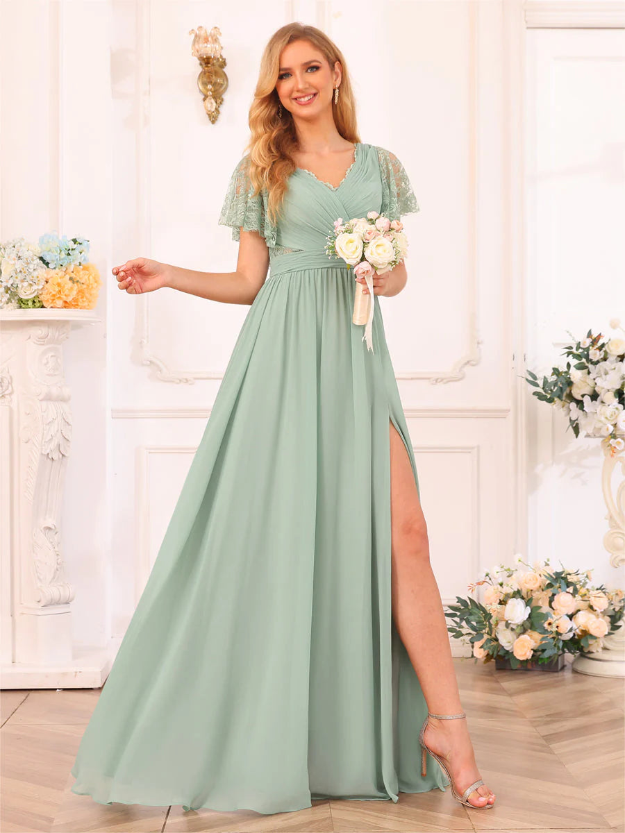 Wholesa A-Line/Princess V-Neck Long Wedding Party Dresses With Split Side