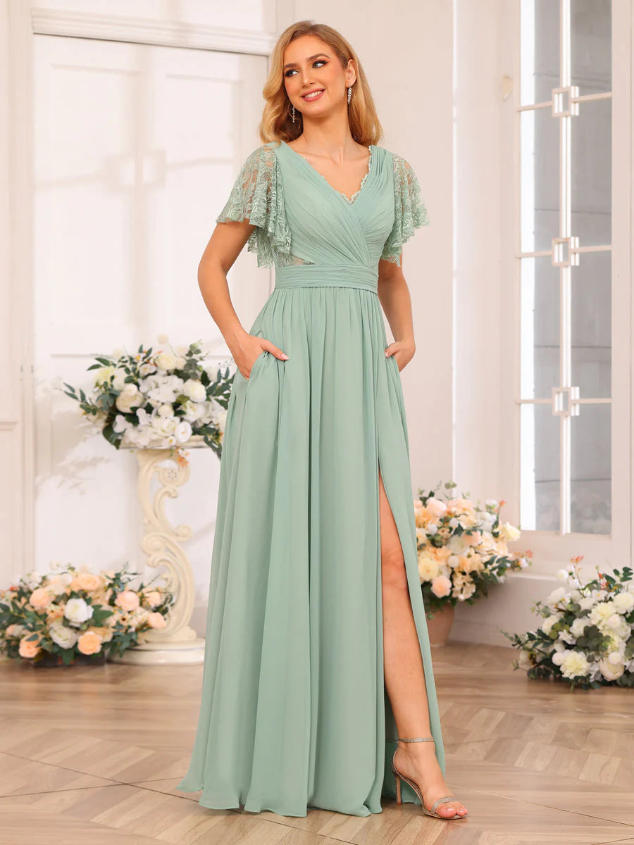 Wholesa A-Line/Princess V-Neck Long Wedding Party Dresses With Split Side