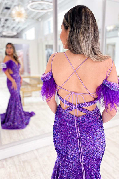 Wholesa Purple Iridescent Sequin Feather Cold-Shoulder Cutout Mermaid Long Dress