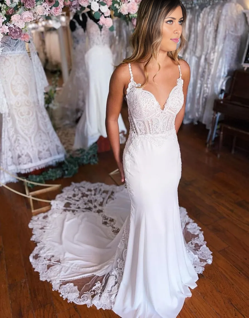 Wholesale Mermaid Wedding Dress Spaghetti Straps Stretch Satin With Appliques