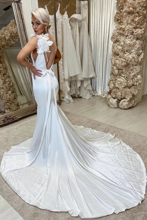 Wholesale Elegant White Satin Backless Mermaid Wedding Dress with Flowers