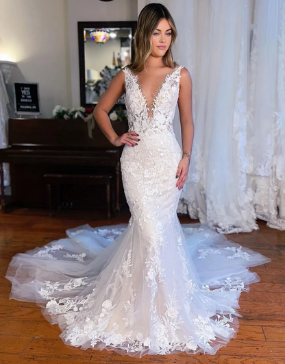 Wholesale Wedding Dress Mermaid Deep V-Neck Chapel Train With Appliques