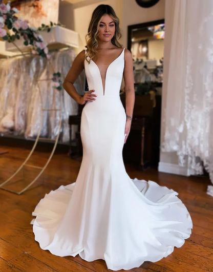 Wholesale Wedding Dress Mermaid Open Back Satin Court Train