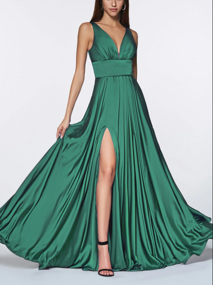 Wholesale Elegant Formal Women's Dresses Evening Wear Long Satin V-Neck Dress with Slit