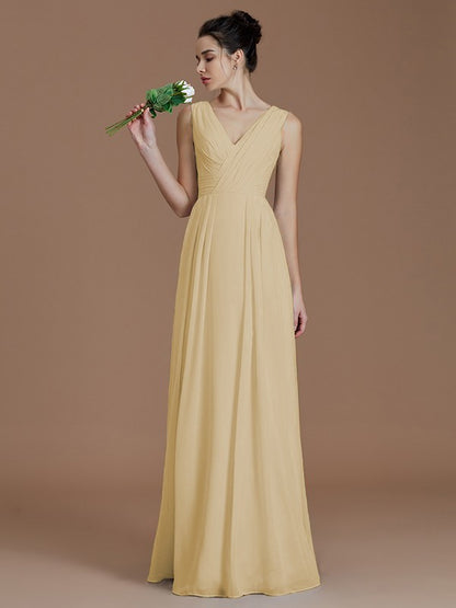 Wholesale A-Line V-neck Sleeveless With Ruched Floor-Length Chiffon Bridesmaid Dresses