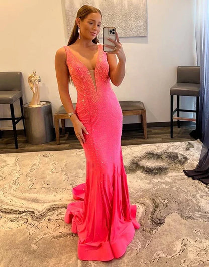 Wholesale Elegant Mermaid Evening Dress V-neck Beaded Prom Dress