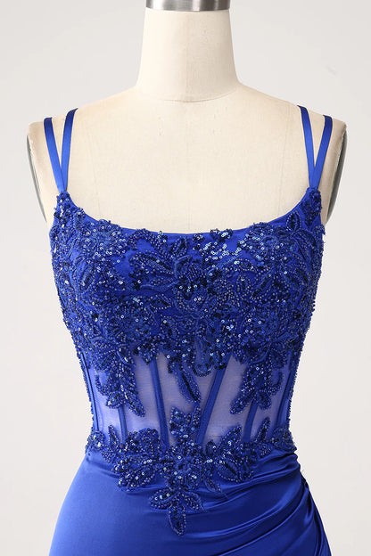 Wholesale Royal Blue Mermaid Corset Beaded Long Prom Dress with Slit