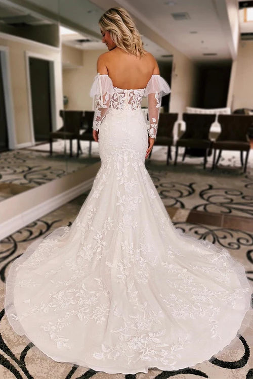 Wholesale Elegant White Floral Lace Sweetheart Mermaid Wedding Dress with Detachable Sleeves