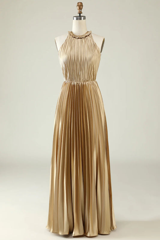 Wholesale Halter Neck Golden Pleated Long Bridesmaid Dress