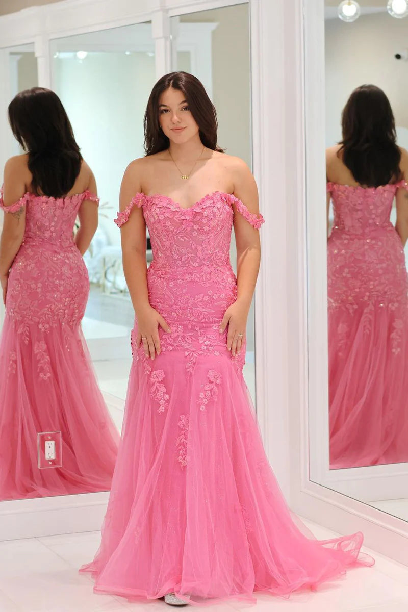 Wholesa Pink Mermaid Off the Shoulder Tulle Long Prom Dress with Appliques