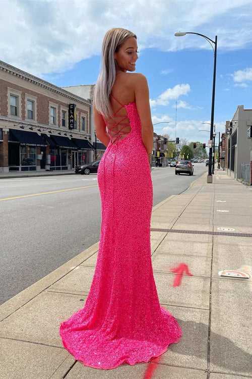 Wholesale Fashion Prom Dresses Glitter Straps Hot Pink Sequins Prom Gown with Slit