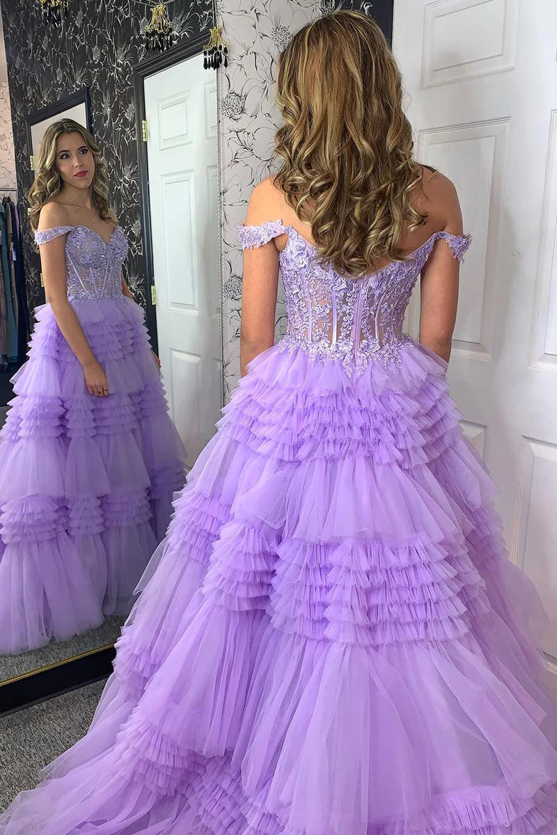 Wholesa Lilac Off the Shoulder Tiered Tulle Long Prom Dresses with Appliques