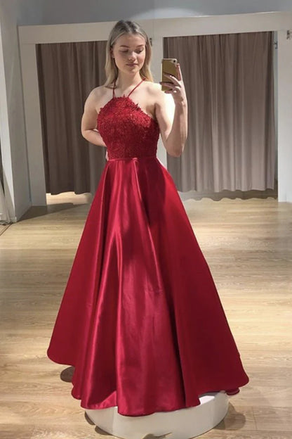 Wholesale Prom Dress A Line Long Red Satin Lace Sleeveless Halter Backless