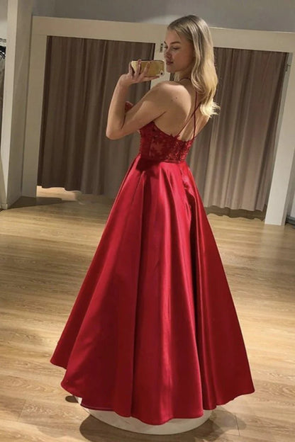 Wholesale Prom Dress A Line Long Red Satin Lace Sleeveless Halter Backless