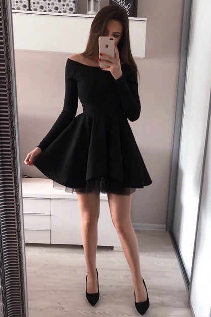 Wholesale A Line Homecoming Dresses Long Sleeve Off the Shoulder Satin Short