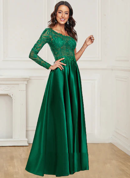 Wholesale A Line Prom Dresses One Long Sleeve Satin Green Lace Formal Dresses Side Slit