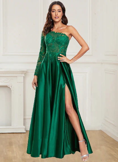 Wholesale A Line Prom Dresses One Long Sleeve Satin Green Lace Formal Dresses Side Slit