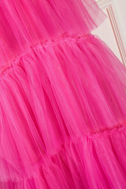 Wholesale Elegant A Line Pink Straps Tiered Tulle Long Prom Dress