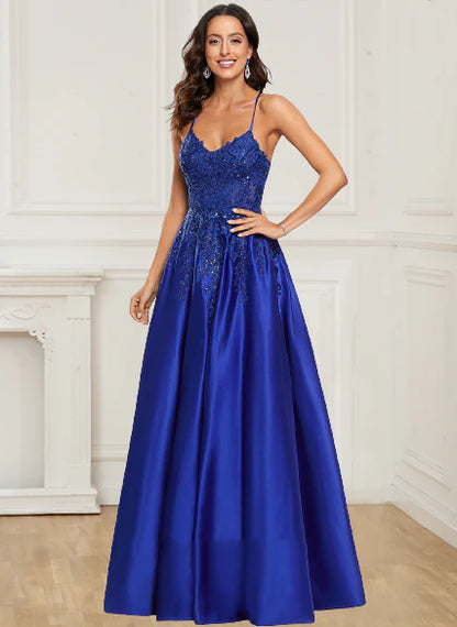 Wholesale A-Line Prom Dresses Sleeveless Straps Floor-Length Applique Satin