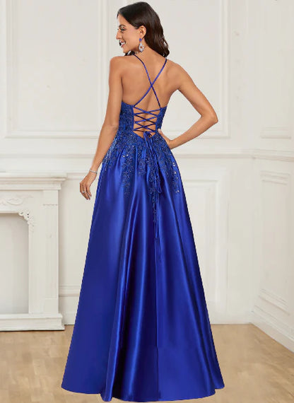 Wholesale A-Line Prom Dresses Sleeveless Straps Floor-Length Applique Satin