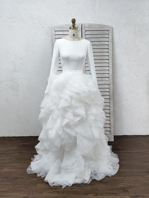 Wholesale Elegant A-Line Tulle Ruffles Bateau Long Sleeves Court Train Wedding Dresses