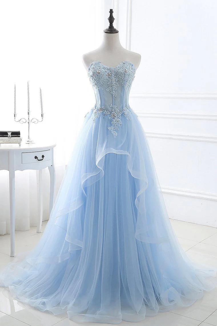 Wholesale A Line Prom Dresses Tulle With Applique Sweep Train